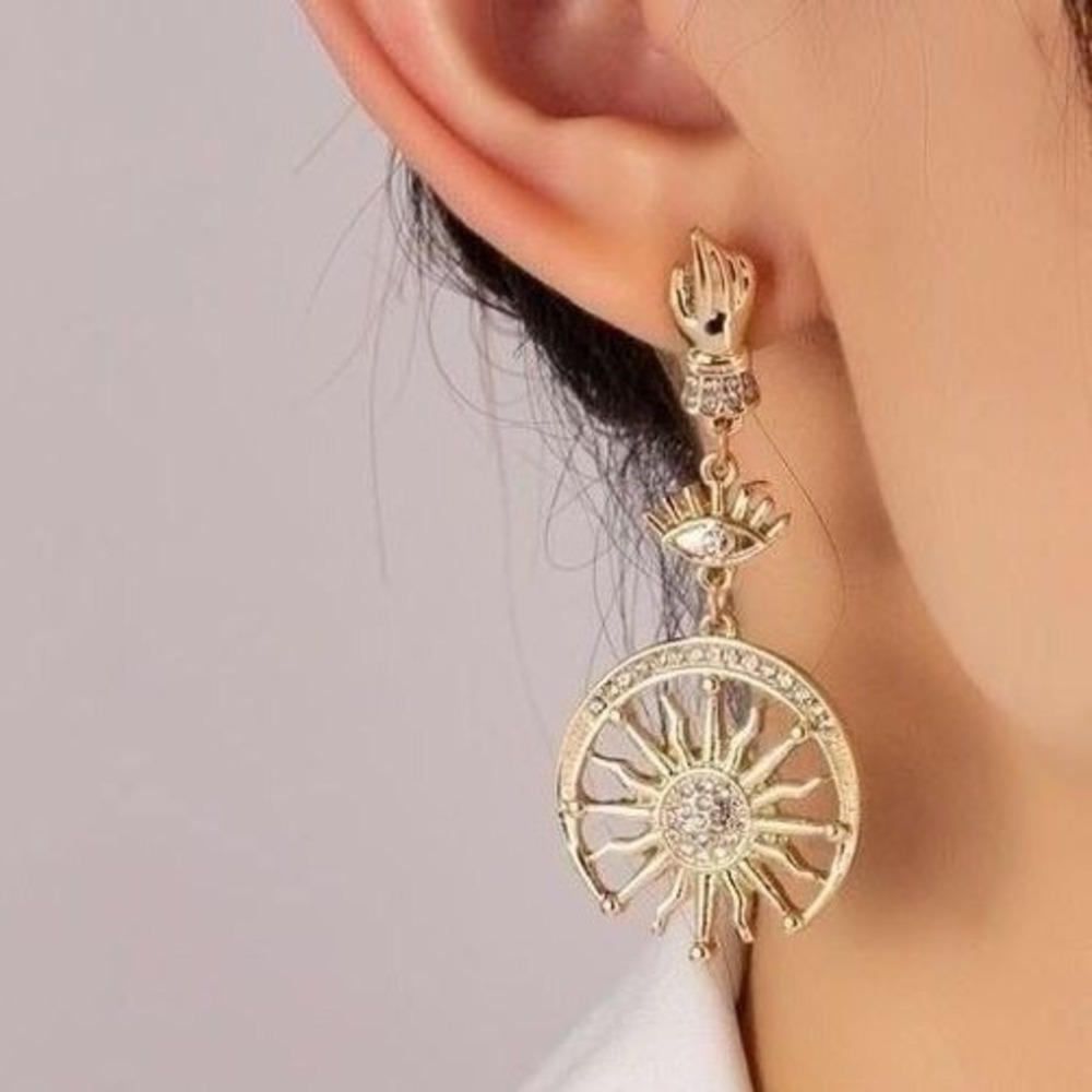 BOUTIQUE Celestial Drop Earrings Womens OS Gold New Sun Evil Eye Hand Rhinestone